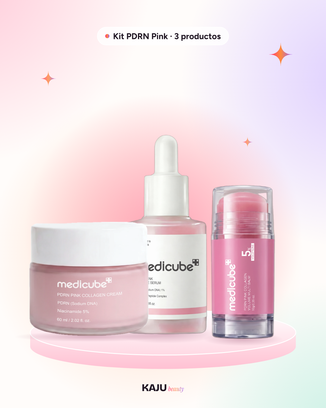 Kit Medicube PDRN Pink: sérum, crema PDRN 60 ml y stick sobre pedestal rosado