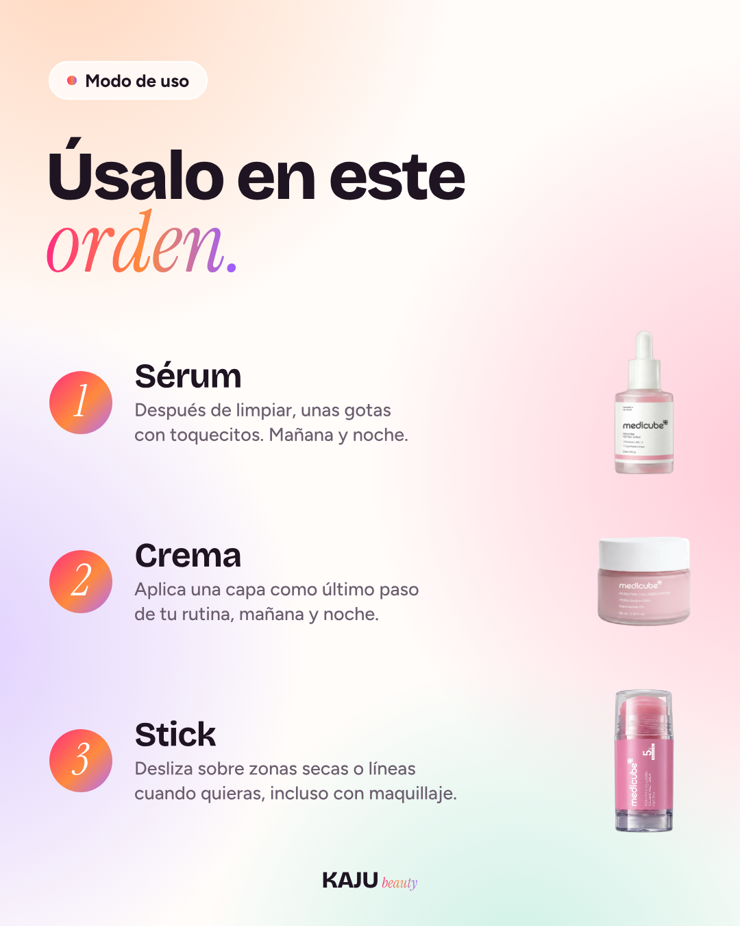 Modo de uso del kit PDRN Pink: sérum, crema y stick en ese orden